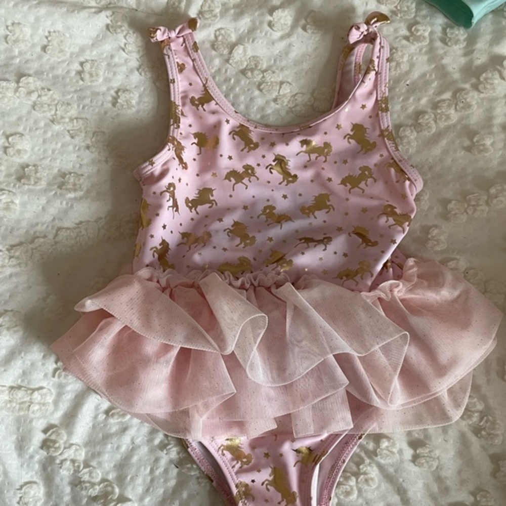 5t pink bathing suit w/ gold unicorns.